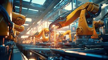 View of industrial robots in an automobile assembly plant photo