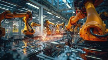 View of industrial robots in an automobile assembly plant photo