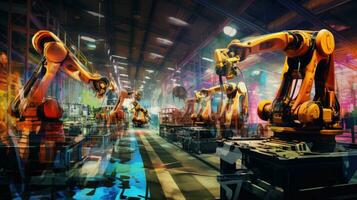 View of industrial robots in an automobile assembly plant photo