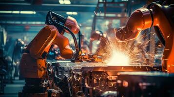 View of industrial robots in an automobile assembly plant photo