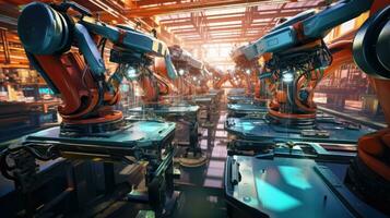 View of industrial robots in an automobile assembly plant photo