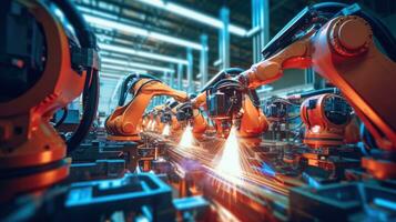 View of industrial robots in an automobile assembly plant photo