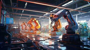 View of industrial robots in an automobile assembly plant photo