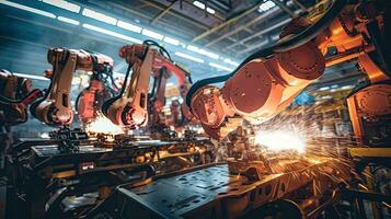 View of industrial robots in an automobile assembly plant photo