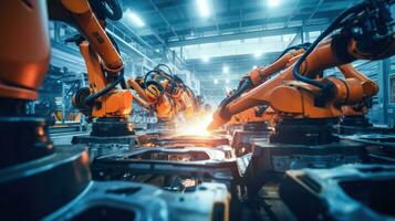 View of industrial robots in an automobile assembly plant photo