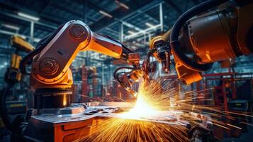View of industrial robots in an automobile assembly plant photo