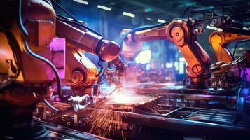 View of industrial robots in an automobile assembly plant photo