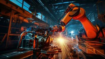 View of industrial robots in an automobile assembly plant photo