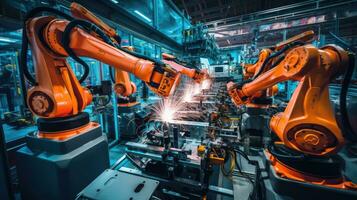View of industrial robots in an automobile assembly plant photo