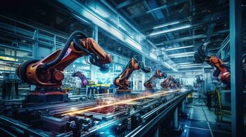View of industrial robots in an automobile assembly plant photo