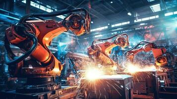 View of industrial robots in an automobile assembly plant photo