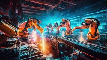 View of industrial robots in an automobile assembly plant photo
