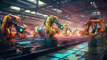 View of industrial robots in an automobile assembly plant photo