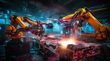 View of industrial robots in an automobile assembly plant photo