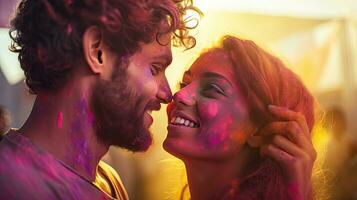 Happy couple puts paint on their faces during Holi celebration. indian holi festival photo