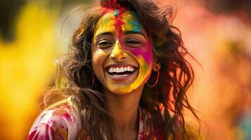 Beautiful happy Indian woman celebrates Holi with colored powder or gulal. indian festival holi photo