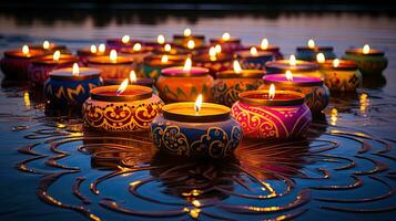 Oil lamps lit on colorful rangoli during diwali celebration Colorful clay diya lamps with flowers photo