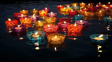 Oil lamps lit on colorful rangoli during diwali celebration Colorful clay diya lamps with flowers photo