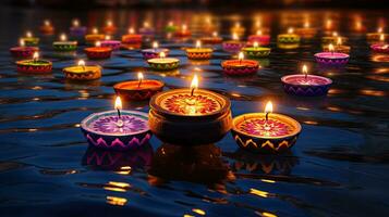 Oil lamps lit on colorful rangoli during diwali celebration Colorful clay diya lamps with flowers photo