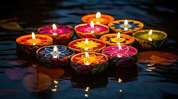 Oil lamps lit on colorful rangoli during diwali celebration Colorful clay diya lamps with flowers photo