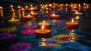 Oil lamps lit on colorful rangoli during diwali celebration Colorful clay diya lamps with flowers photo