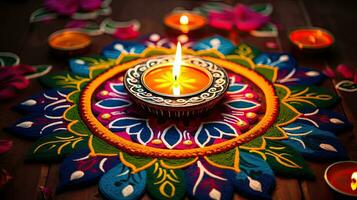 petróleo lamparas iluminado en vistoso rangoli durante diwali celebracion vistoso arcilla diya lamparas con flores foto