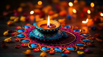 Oil lamps lit on colorful rangoli during diwali celebration Colorful clay diya lamps with flowers photo