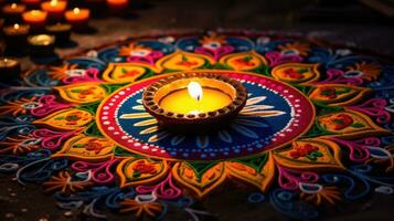 petróleo lamparas iluminado en vistoso rangoli durante diwali celebracion vistoso arcilla diya lamparas con flores foto