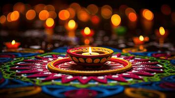 Oil lamps lit on colorful rangoli during diwali celebration Colorful clay diya lamps with flowers photo