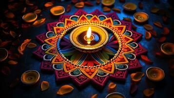 petróleo lamparas iluminado en vistoso rangoli durante diwali celebracion vistoso arcilla diya lamparas con flores foto