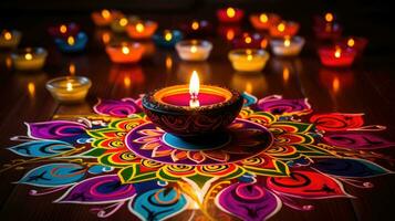 petróleo lamparas iluminado en vistoso rangoli durante diwali celebracion vistoso arcilla diya lamparas con flores foto