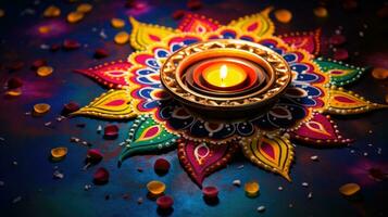 petróleo lamparas iluminado en vistoso rangoli durante diwali celebracion vistoso arcilla diya lamparas con flores foto