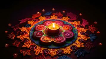 Oil lamps lit on colorful rangoli during diwali celebration Colorful clay diya lamps with flowers photo