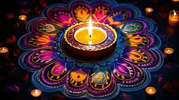 Oil lamps lit on colorful rangoli during diwali celebration Colorful clay diya lamps with flowers photo