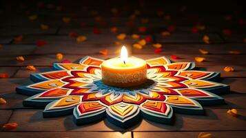 Oil lamps lit on colorful rangoli during diwali celebration Colorful clay diya lamps with flowers photo