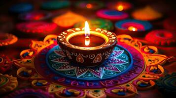 Oil lamps lit on colorful rangoli during diwali celebration Colorful clay diya lamps with flowers photo