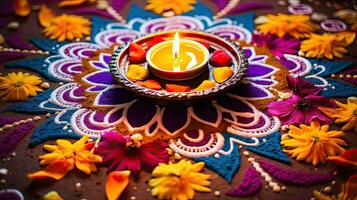 petróleo lamparas iluminado en vistoso rangoli durante diwali celebracion vistoso arcilla diya lamparas con flores foto