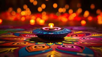 Oil lamps lit on colorful rangoli during diwali celebration Colorful clay diya lamps with flowers photo