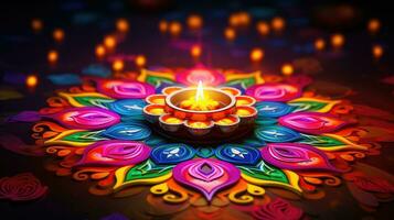 petróleo lamparas iluminado en vistoso rangoli durante diwali celebracion vistoso arcilla diya lamparas con flores foto