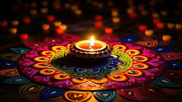 petróleo lamparas iluminado en vistoso rangoli durante diwali celebracion vistoso arcilla diya lamparas con flores foto