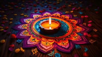 petróleo lamparas iluminado en vistoso rangoli durante diwali celebracion vistoso arcilla diya lamparas con flores foto