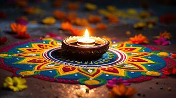 petróleo lamparas iluminado en vistoso rangoli durante diwali celebracion vistoso arcilla diya lamparas con flores foto