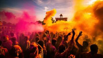 People celebrate colorful Holi festival in India, annual tourism colors, India photo