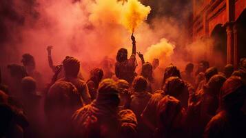 People celebrate colorful Holi festival in India, annual tourism colors, India photo