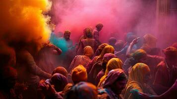 People celebrate colorful Holi festival in India, annual tourism colors, India photo