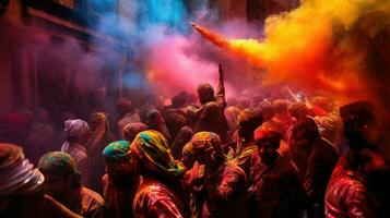 People celebrate colorful Holi festival in India, annual tourism colors, India photo