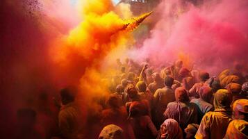 People celebrate colorful Holi festival in India, annual tourism colors, India photo