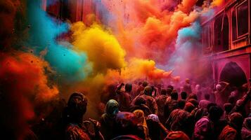 People celebrate colorful Holi festival in India, annual tourism colors, India photo