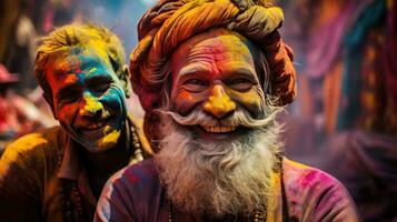 People celebrate colorful Holi festival in India, annual tourism colors, India photo