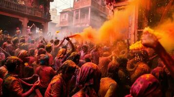 People celebrate colorful Holi festival in India, annual tourism colors, India photo